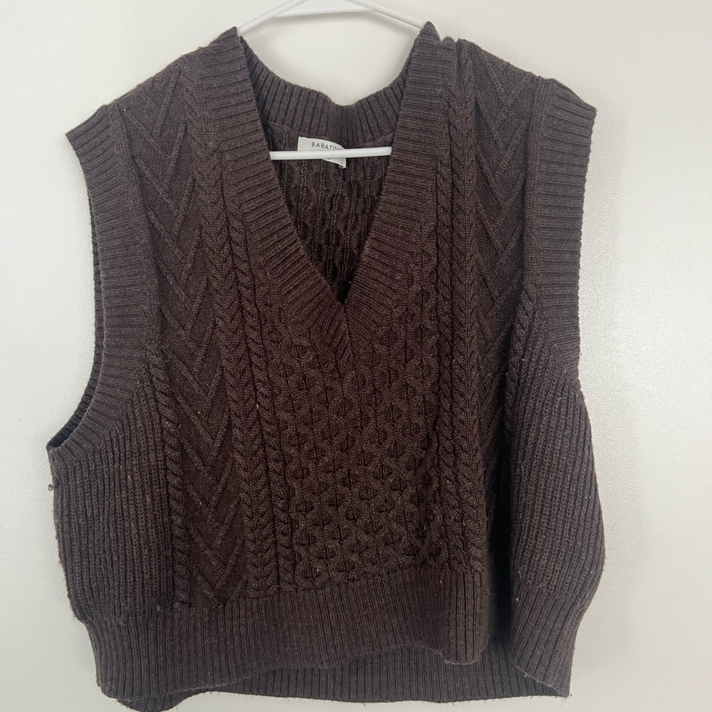 Babaton Brown V-Neck Cable Knit Sweater